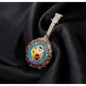 Vintage Italy Signed 1960s Micromosaic Mandolin Brooch With Vibrant Multicolor G